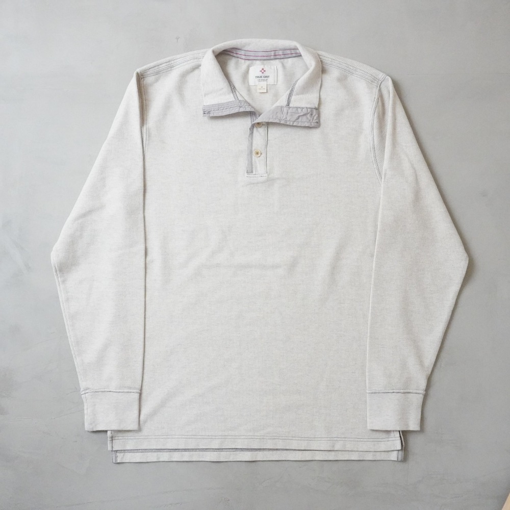 True Grit Henley Shirt Mens Medium Oatmeal Waffle Knit Thermal Long Sleeve Grey